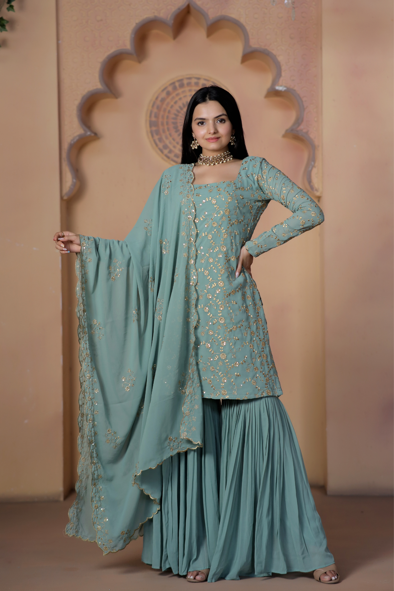 "Faux Georgette Zari & Sequins Embroidered  Sharara Set"