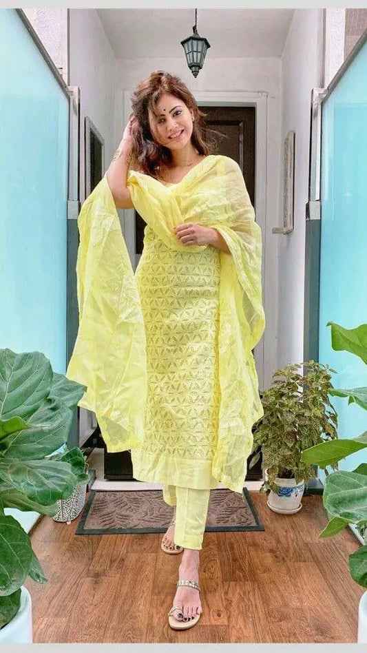 Yellow Rayon Cotton Embroidered Top With Pant And Dupatta