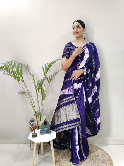 1 Minite Ready To Wear Blue Chanderi Silk Saree With Blouse Piece