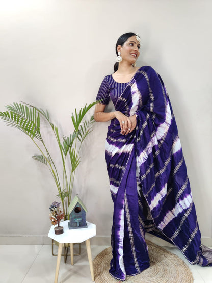 1 Minite Ready To Wear Blue Chanderi Silk Saree With Blouse Piece