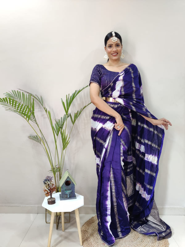 1 Minite Ready To Wear Blue Chanderi Silk Saree With Blouse Piece