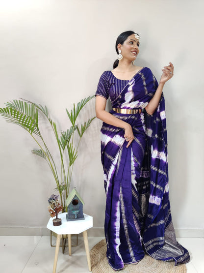 1 Minite Ready To Wear Blue Chanderi Silk Saree With Blouse Piece