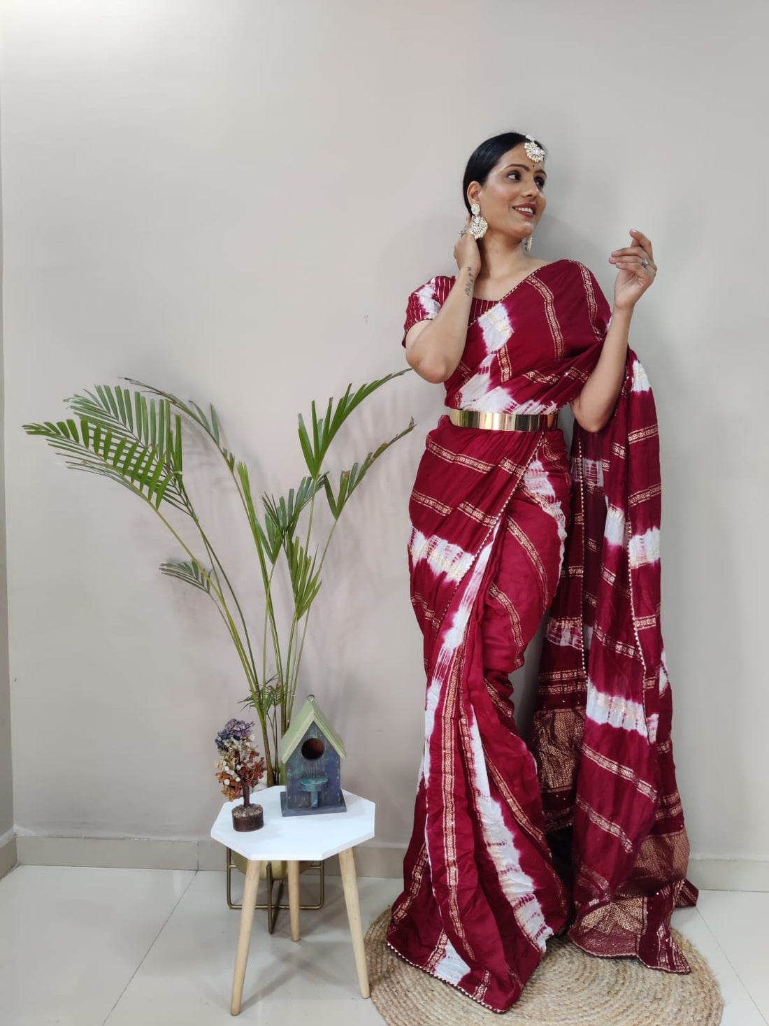 1 Minite Ready To Wear Red Chanderi Silk Saree With Blouse Piece