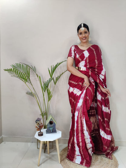 1 Minite Ready To Wear Red Chanderi Silk Saree With Blouse Piece