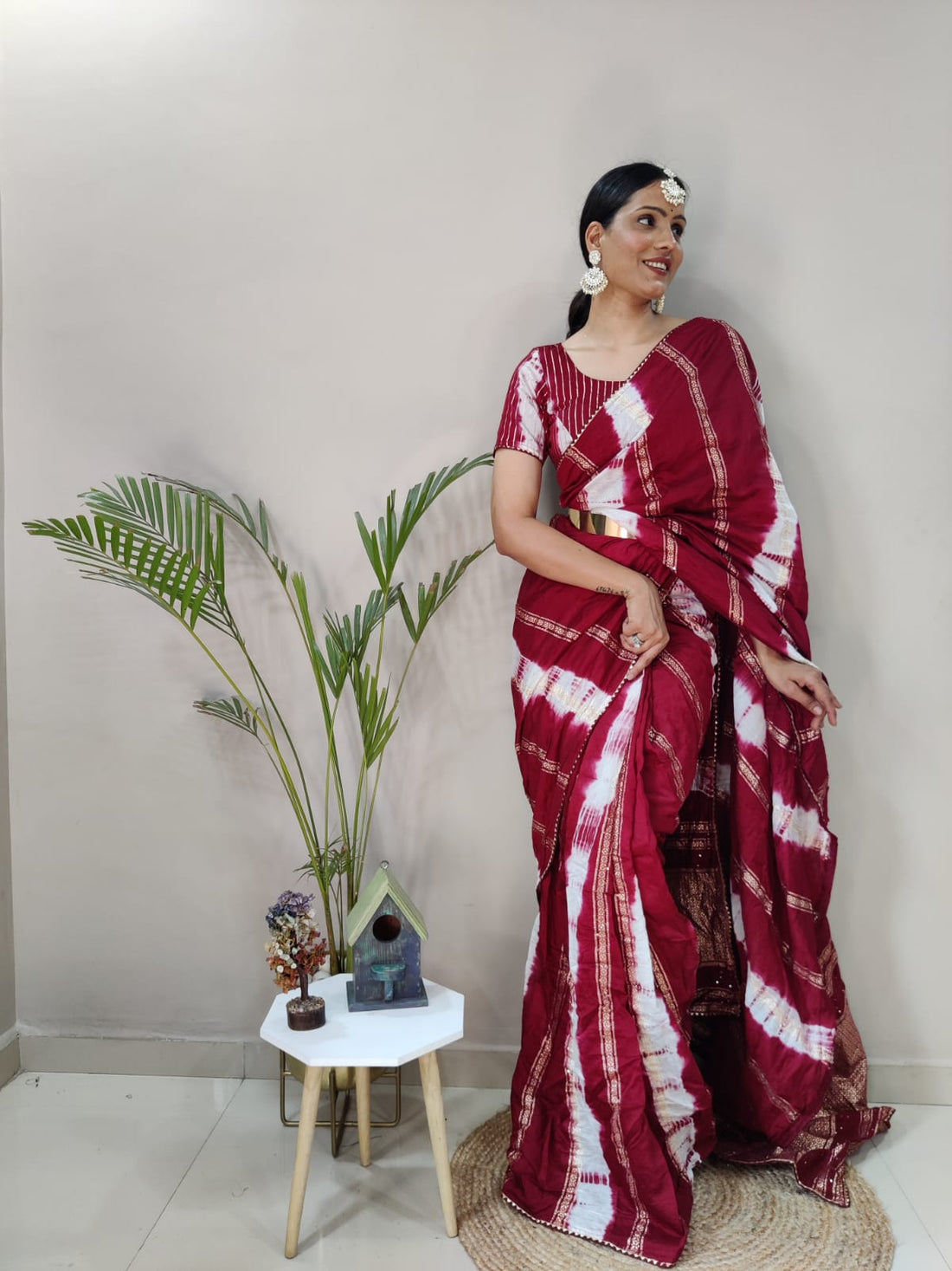 1 Minite Ready To Wear Red Chanderi Silk Saree With Blouse Piece