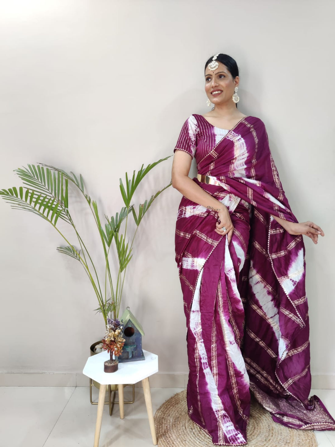 1 Minite Ready To Wear Maroon Chanderi Silk Saree With Blouse Piece