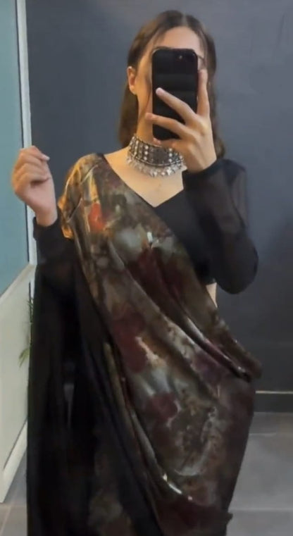 1 MIN READY TO WEAR SAREE IN BLACK FLORAL WITH BLOUSE