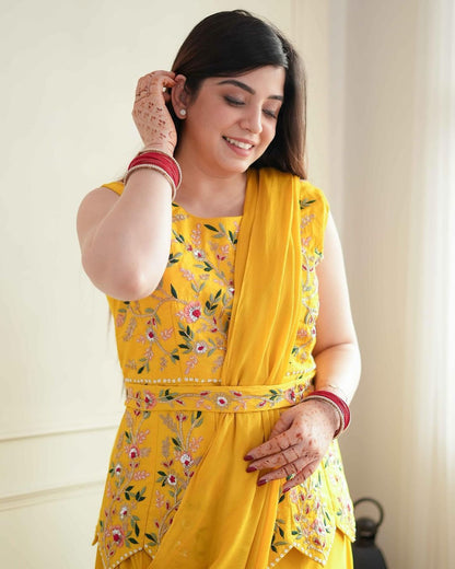 New Super Trending Embroidery cording work ready to wear saree with full YELLOW koti