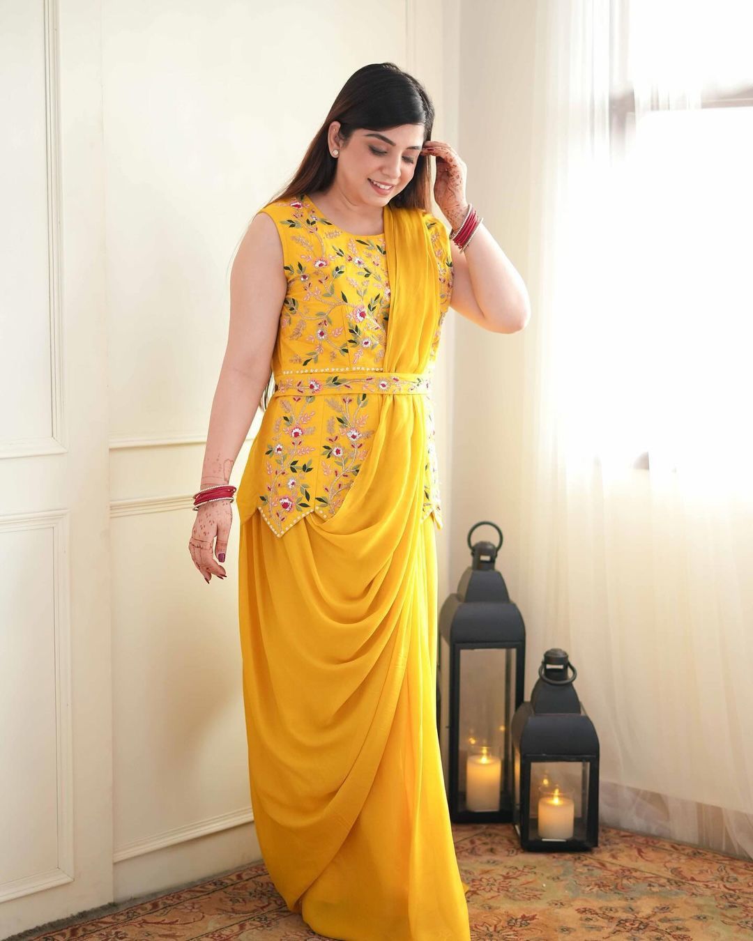 New Super Trending Embroidery cording work ready to wear saree with full YELLOW koti