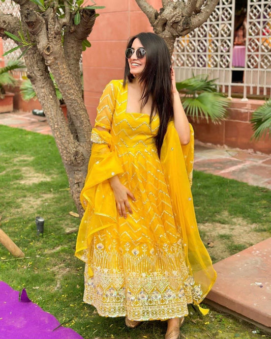 YELLOW DAZE SUIT WEDDING COLLECTION HALDI RECEPTION READYMADE GOWN WITH DUPPTA SET