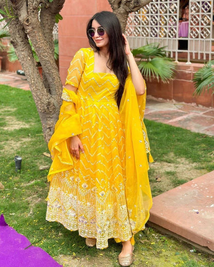 YELLOW DAZE SUIT WEDDING COLLECTION HALDI RECEPTION READYMADE GOWN WITH DUPPTA SET