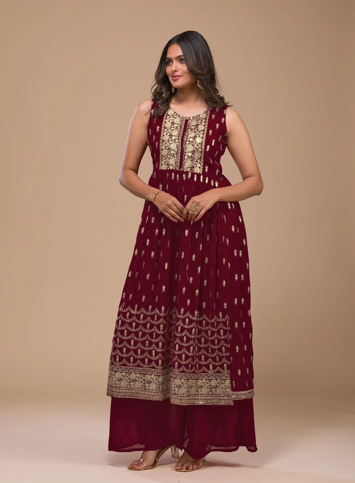 Maroon Faux Georgette Sequence Embroidery Work Top Bottom With Dupatta