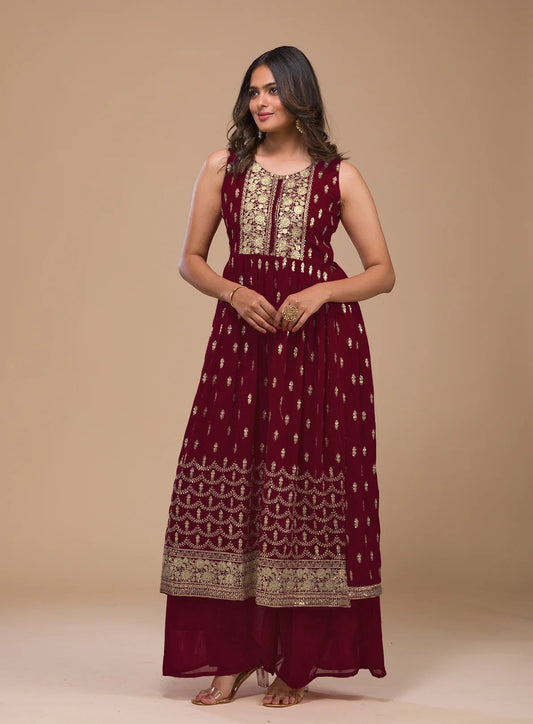 Maroon Faux Georgette Sequence Embroidery Work Top Bottom With Dupatta