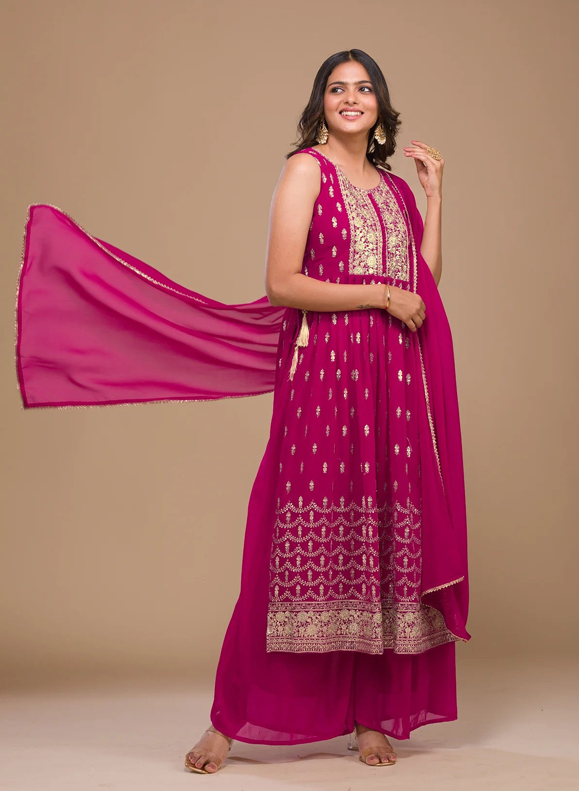 Rani Pink Faux Georgette Sequence Embroidery Work Top Bottom With Dupatta