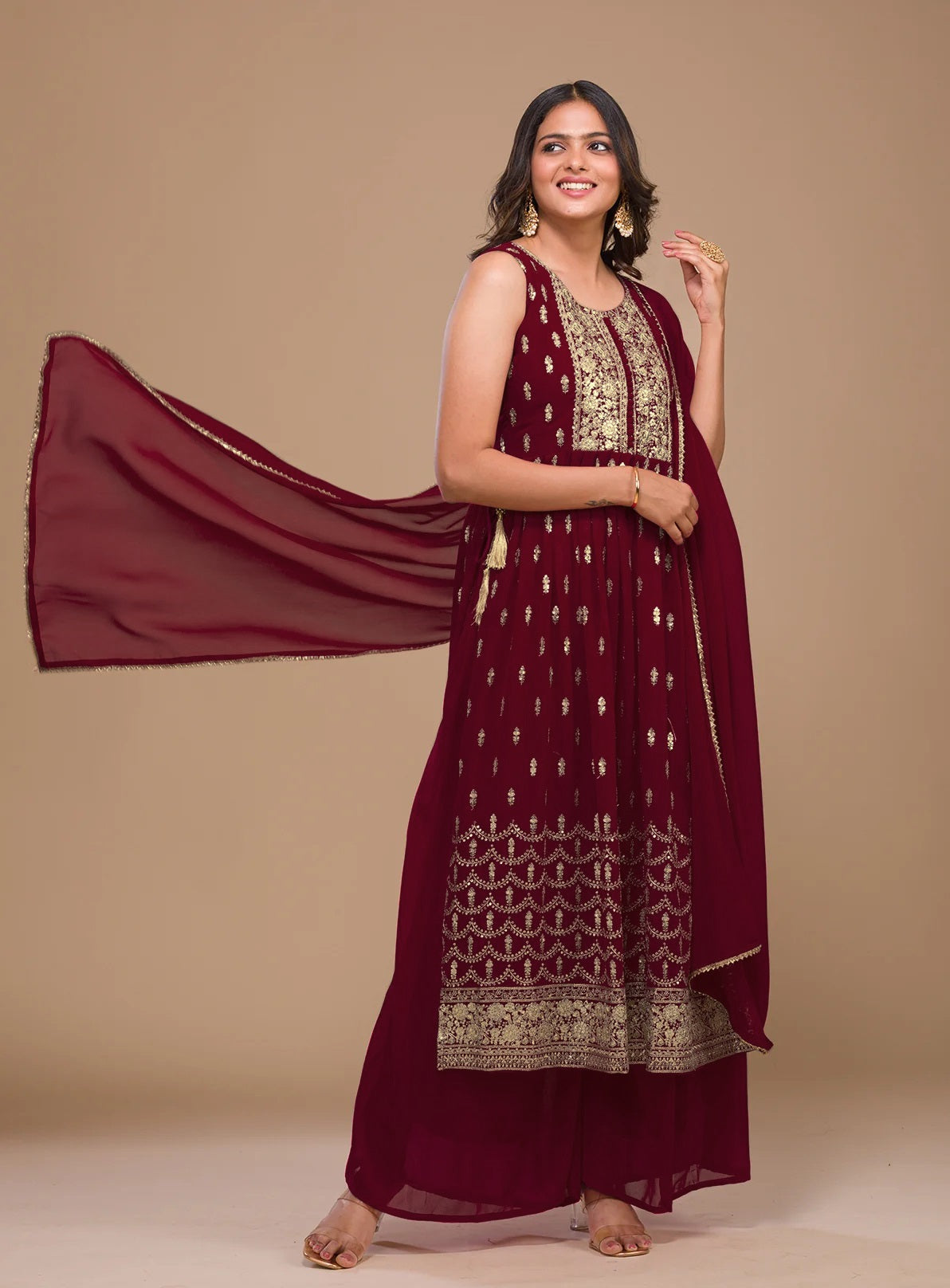 Maroon Faux Georgette Sequence Embroidery Work Top Bottom With Dupatta