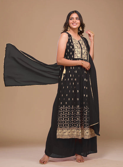 Black Faux Georgette Sequence Embroidery Work Top Bottom With Dupatta