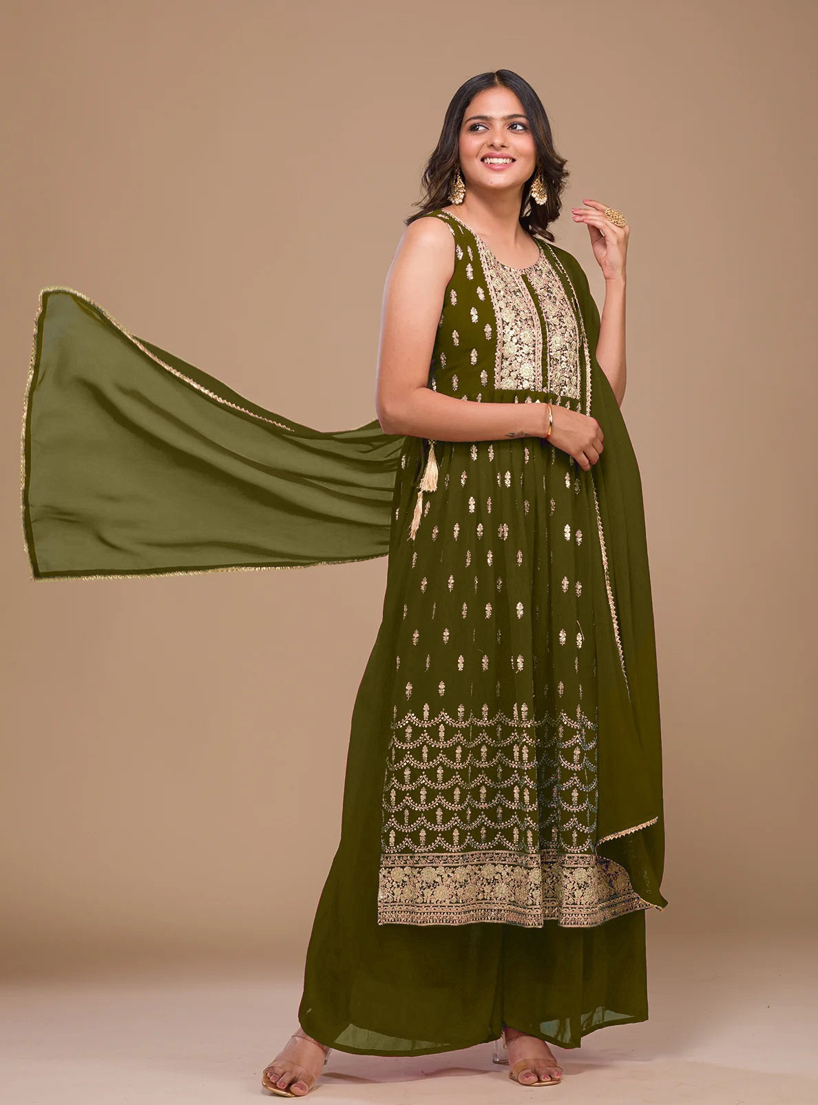 Olive Green Faux Georgette Sequence Embroidery Work Top Bottom With Dupatta