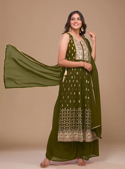 Olive Green Faux Georgette Sequence Embroidery Work Top Bottom With Dupatta