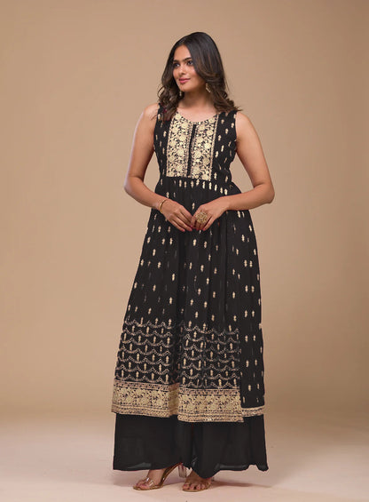 Black Faux Georgette Sequence Embroidery Work Top Bottom With Dupatta