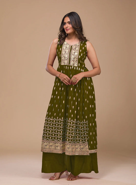 Olive Green Faux Georgette Sequence Embroidery Work Top Bottom With Dupatta