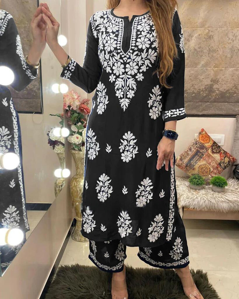 Black Rayon Cotton Chikankari Kurta With Palazzo