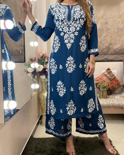 Rayon Cotton Chikankari Kurta With Palazzo