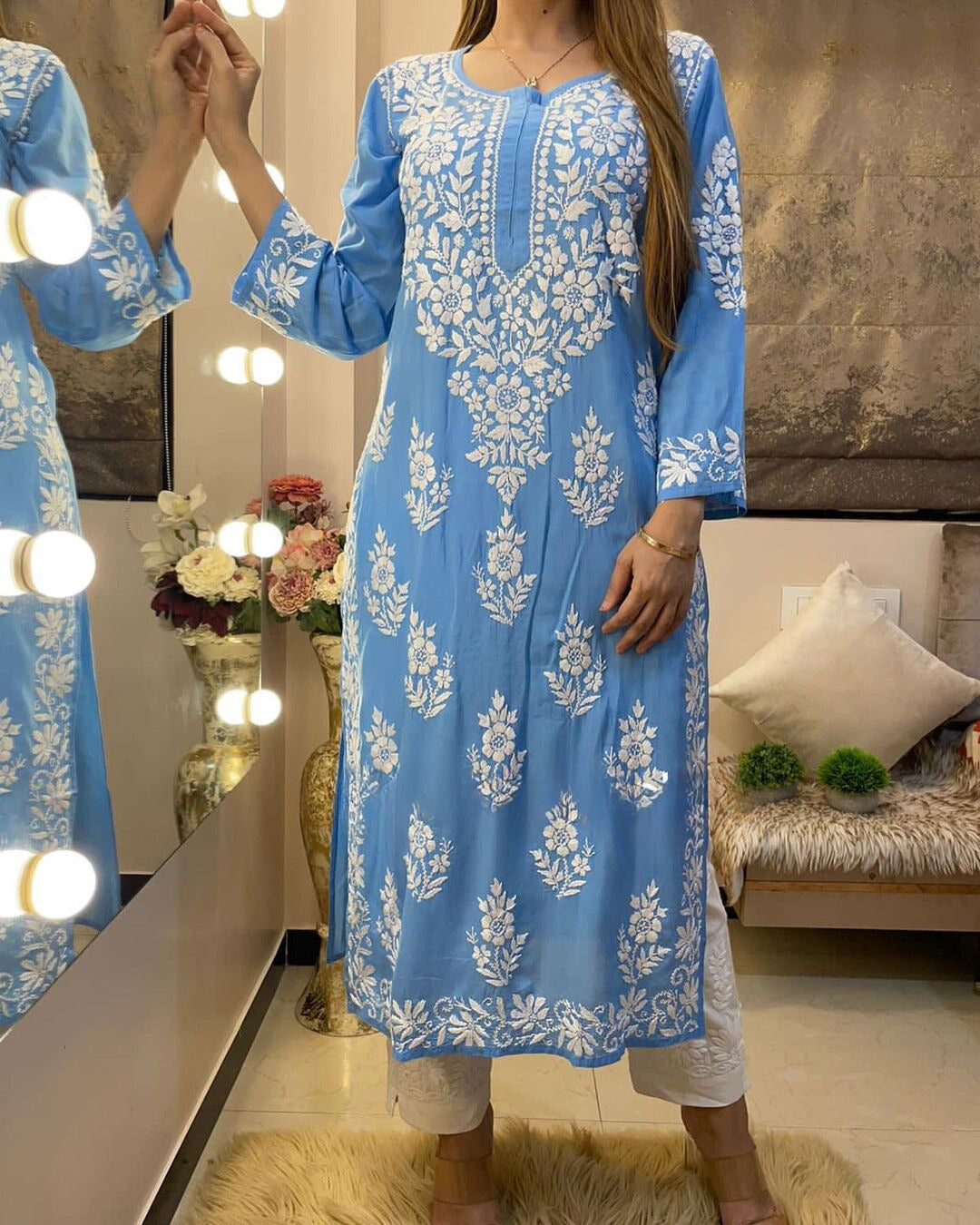 Rayon Cotton Chikankari Kurta With Pant Set