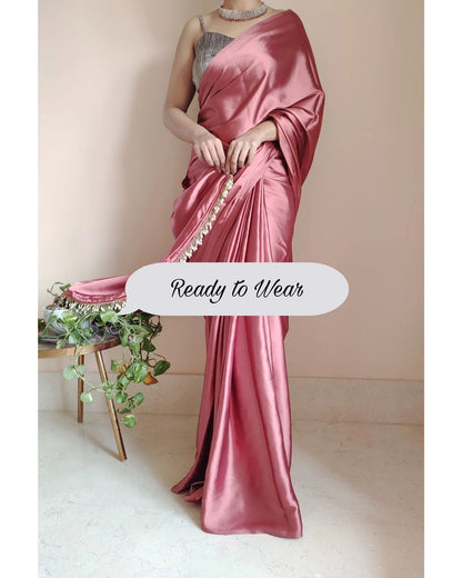 1-MIN READY TO WEAR  Dusty Rose Satin Silk Saree With Handmade Tassels On Pallu