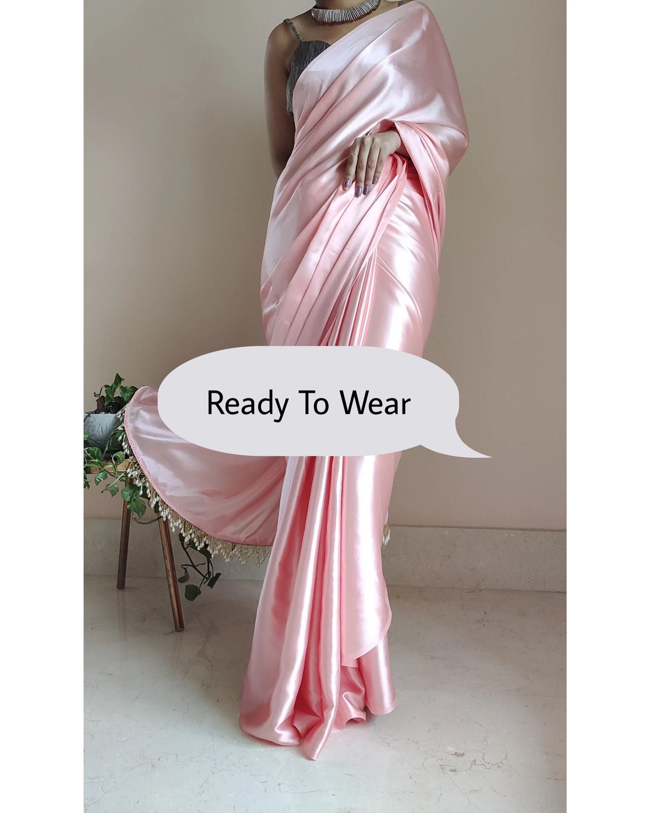 1-MIN READY TO WEAR  Peach Satin Silk Saree With Handmade Tassels On Pallu