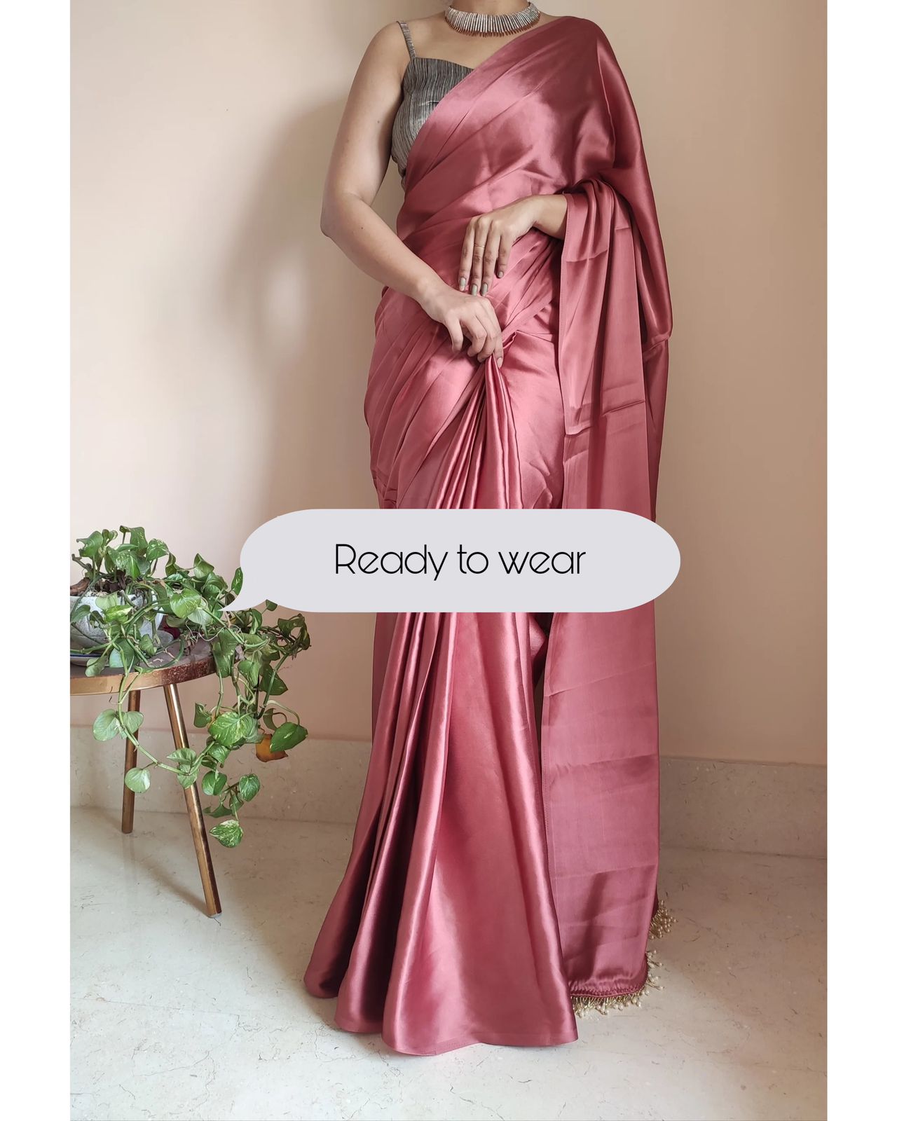 1-MIN READY TO WEAR  Dusty Rose Satin Silk Saree With Handmade Tassels On Pallu