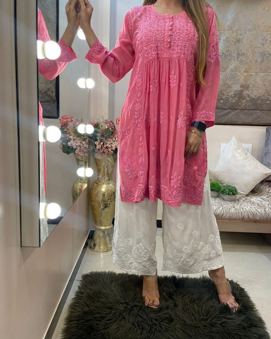 Gajri Pink Rayon Cotton Chikankari Kurta With Palazzo