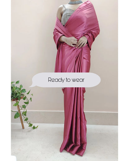 1-MIN READY TO WEAR  Rose Pink Satin Silk Saree With Handmade Tassels On Pallu