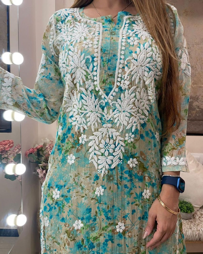 Printed Chikankari Embroidery Work Kurti With Palazzo