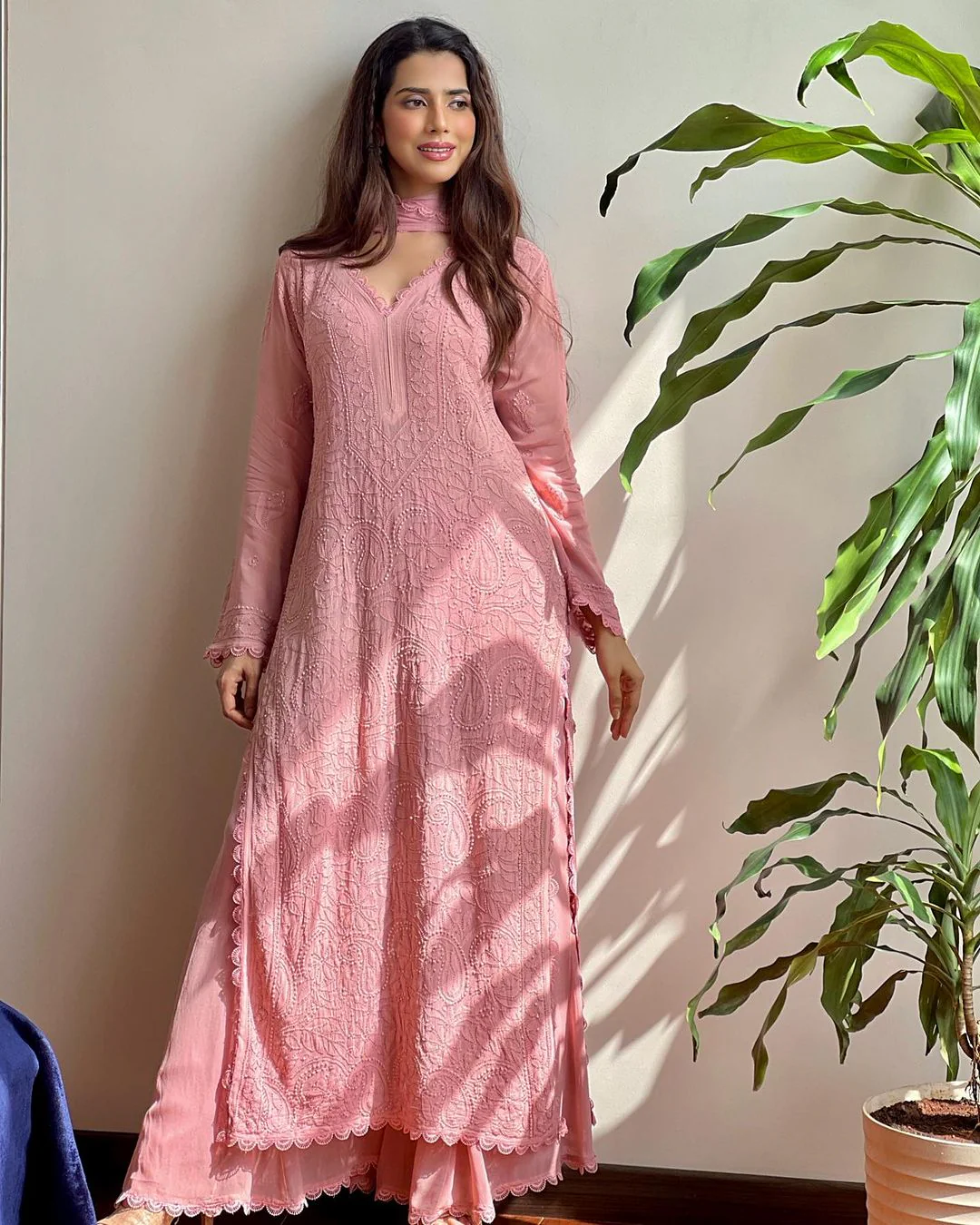 Georgette Chikankari Kurta With Palazzo And Dupatta