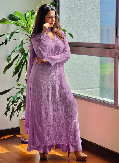 Georgette Chikankari Kurta With Palazzo And Dupatta