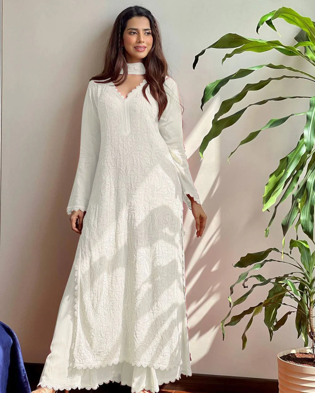 Georgette Chikankari Kurta With Palazzo And Dupatta