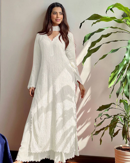 Georgette Chikankari Kurta With Palazzo And Dupatta