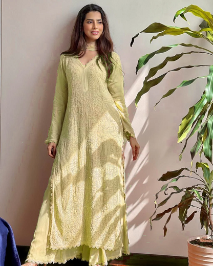 Georgette Chikankari Kurta With Palazzo And Dupatta