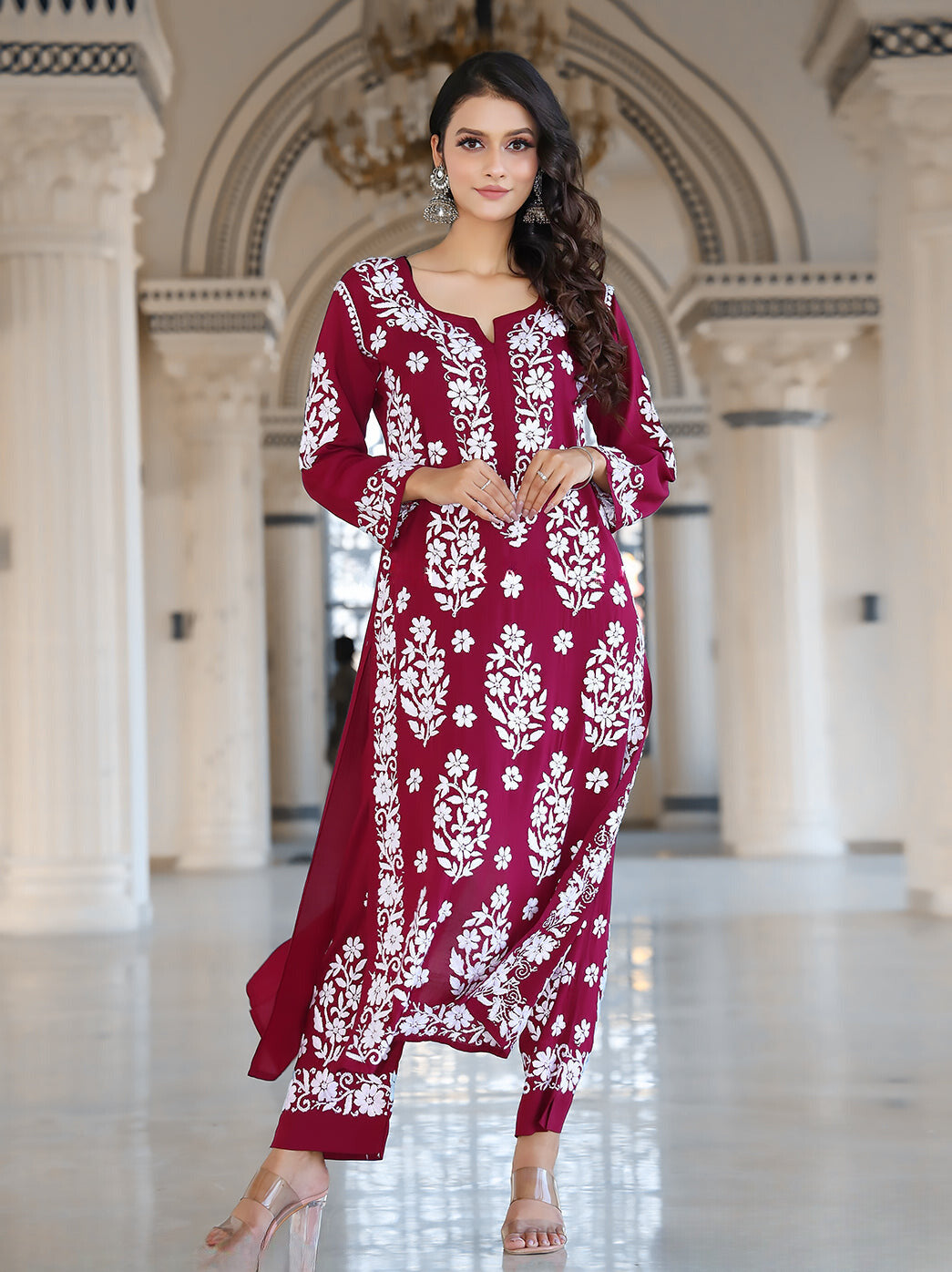 Maroon Faux Georgette Chikankari Kurta With Pant Set