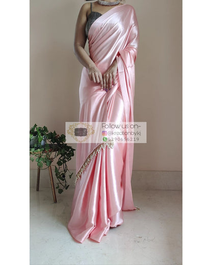 1-MIN READY TO WEAR  Peach Satin Silk Saree With Handmade Tassels On Pallu