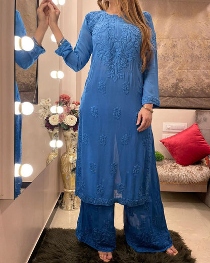 Blue Viscose Georgette Chikankari Kurta With Palazzo