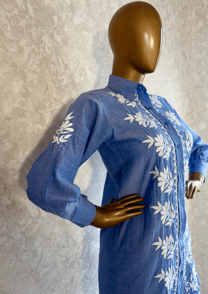 Denim Blue Cambric Cotton Chikankari Co-Ord Set