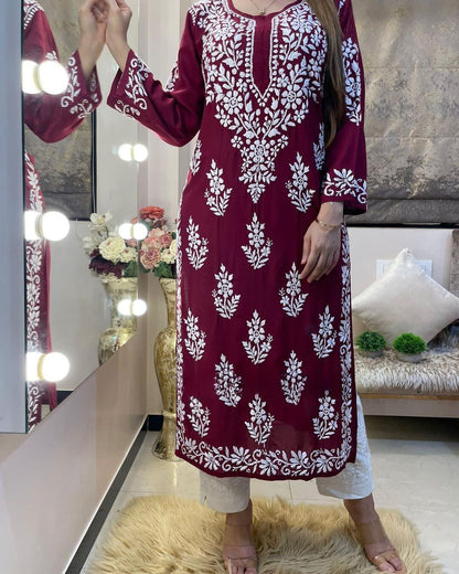 Rayon Cotton Chikankari Kurta With Pant Set