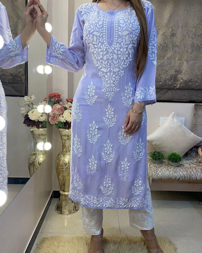 Lavender Rayon Cotton Chikankari Kurta With Pant