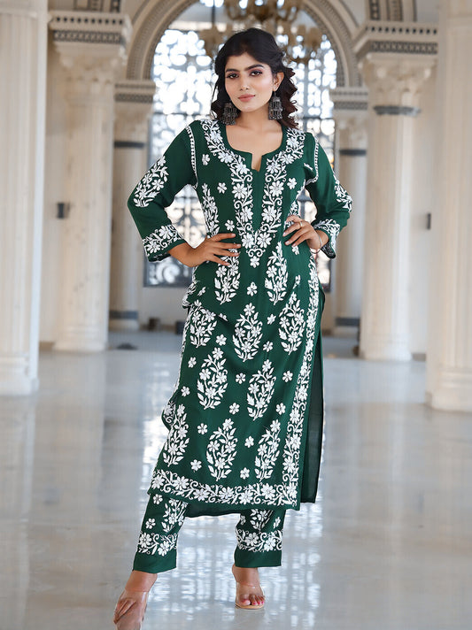 Green Faux Georgette Chikankari Kurta With Pant Set