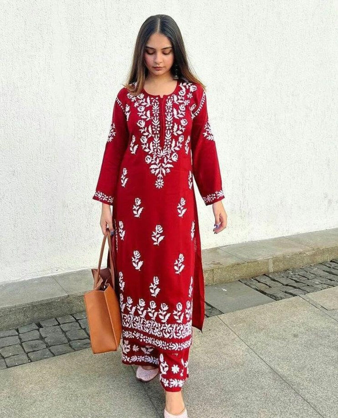 Maroon Rayon Cotton Chikankari Kurta With Palazzo