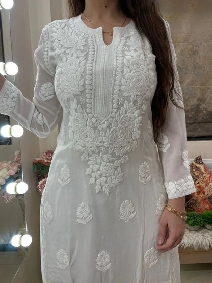 White Viscose Georgette Chikankari Kurta With Palazzo