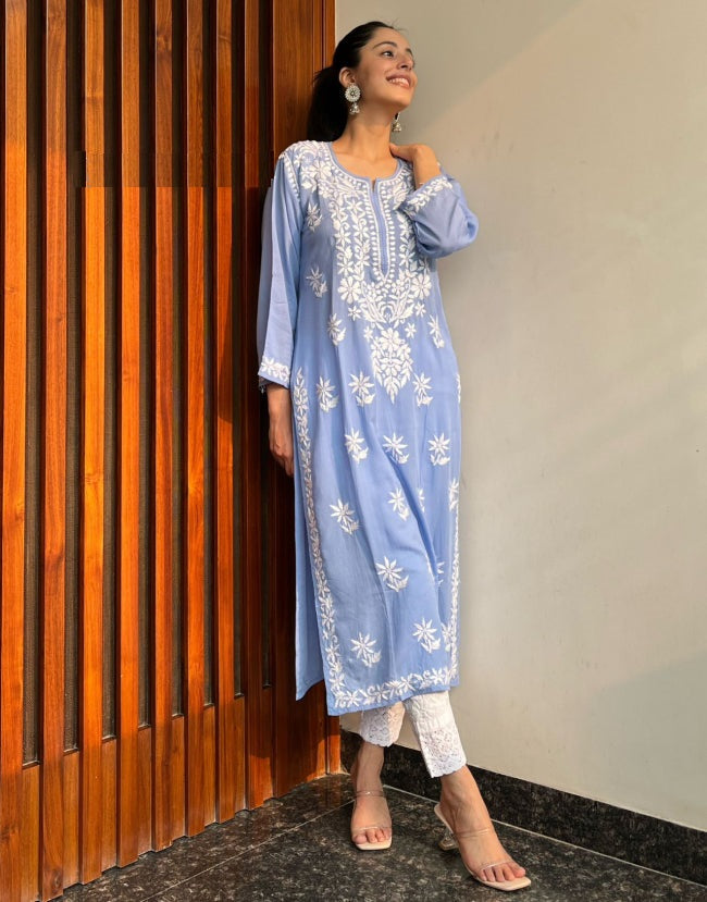 Powder Blue Rayon Cotton Chikankari Kurta With Pant