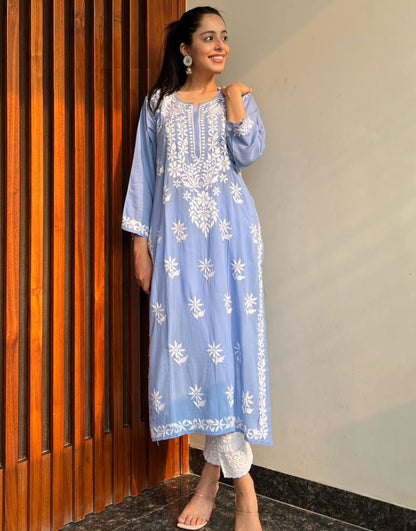 Powder Blue Rayon Cotton Chikankari Kurta With Pant