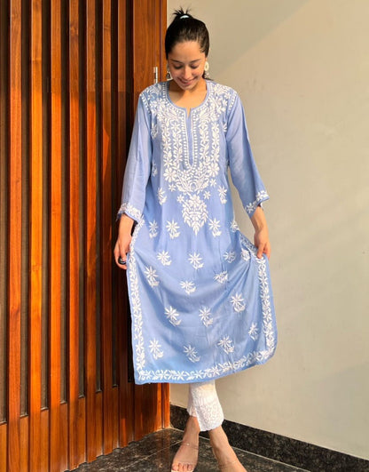 Powder Blue Rayon Cotton Chikankari Kurta With Pant